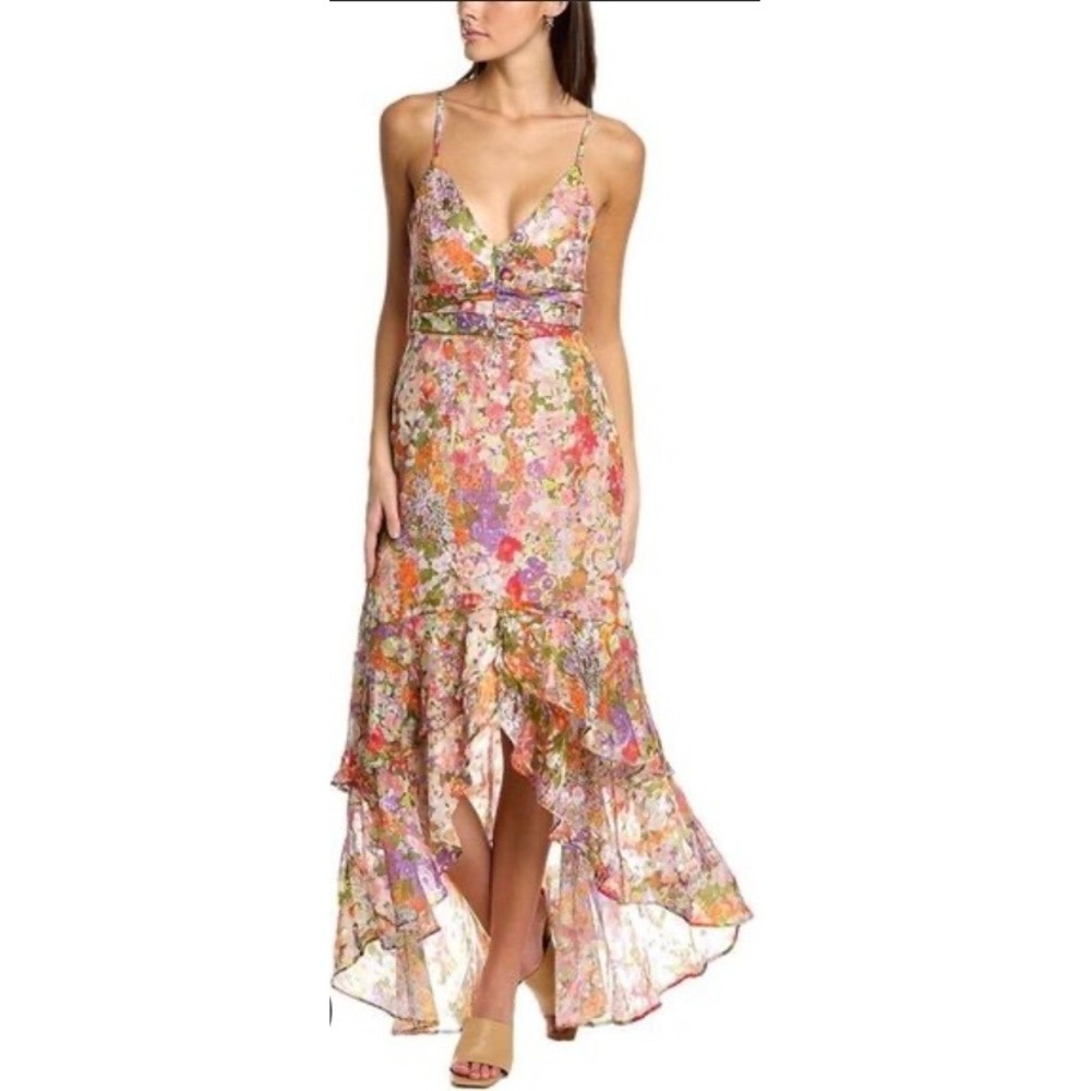 Hutch Lucie Floral High-Low Maxi Dress Pink Orange Ruffle V-Neck Size 10